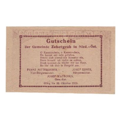 Geldschein, Österreich, Zehetgrub N.Ö. Gemeinde, 50 Heller, Texte, 1920