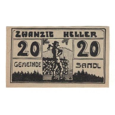 Geldschein, Österreich, Sandl O.Ö. Gemeinde, 20 Heller, Texte, 1920