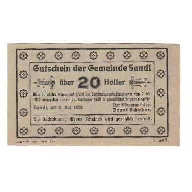 Geldschein, Österreich, Sandl O.Ö. Gemeinde, 20 Heller, Texte, 1920