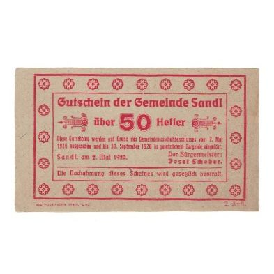 Geldschein, Österreich, Sandl O.Ö. Gemeinde, 50 Heller, Texte, 1920