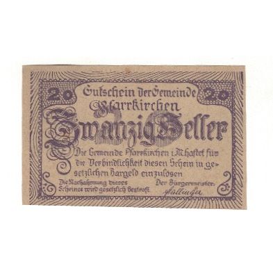 Geldschein, Österreich, Pfarrkirchen im Mühlkreis O.Ö. Gemeinde, 20 Heller
