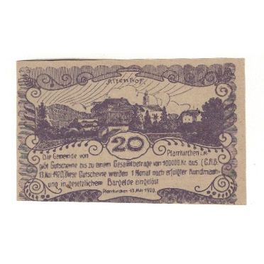 Geldschein, Österreich, Pfarrkirchen im Mühlkreis O.Ö. Gemeinde, 20 Heller