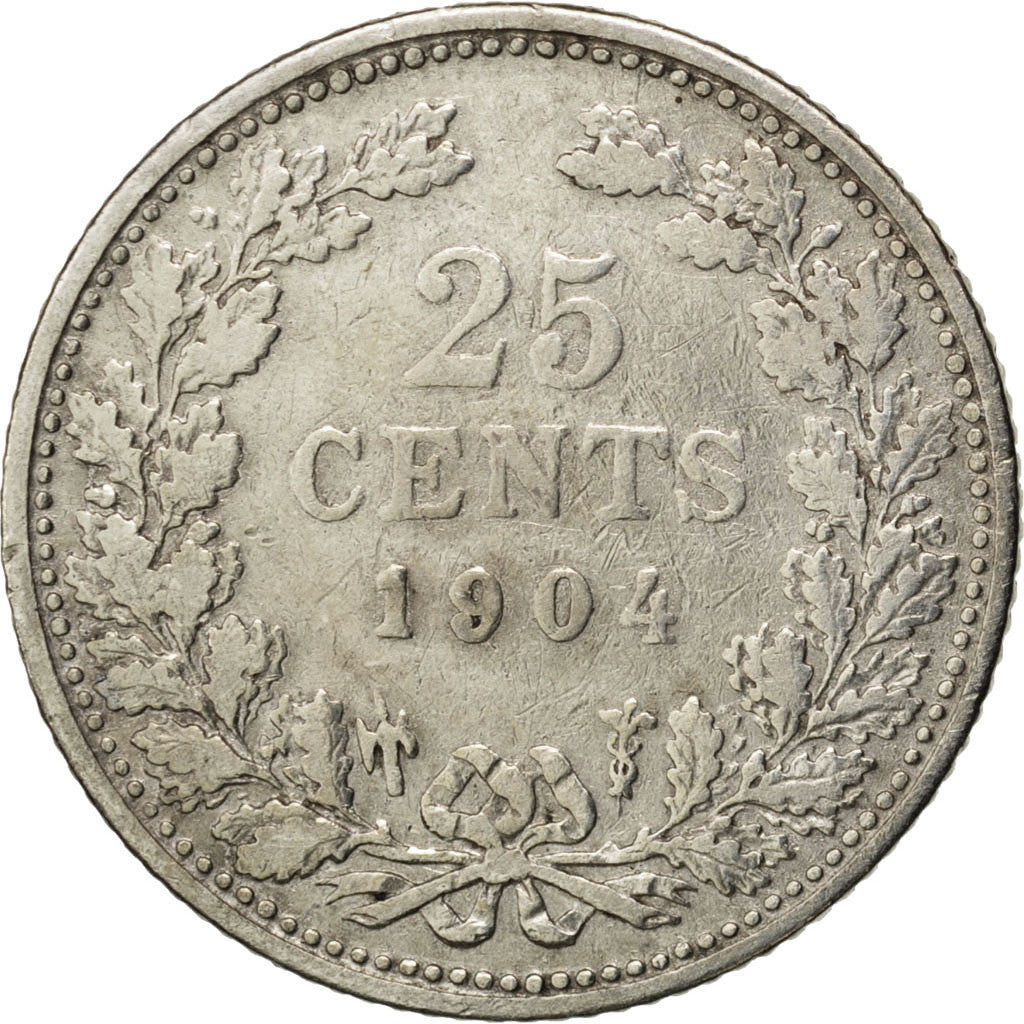 Netherlands, Wilhelmina I, 25 Cents, 1904, Silver, EF(40-45), KM:120.2
