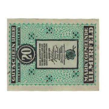 Geldschein, Österreich, Ulmerfeld N.Ö. Marktgemeinde, 20 Heller, Texte, 1920