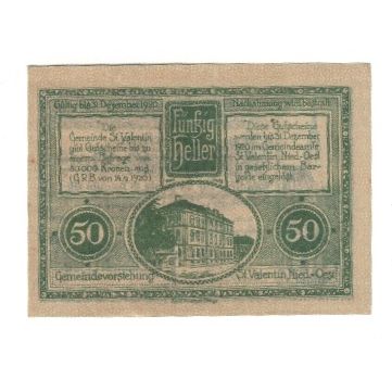 Geldschein, Österreich, St. Valentin N.Ö. Gemeinde, 50 Heller, Monument, 1920