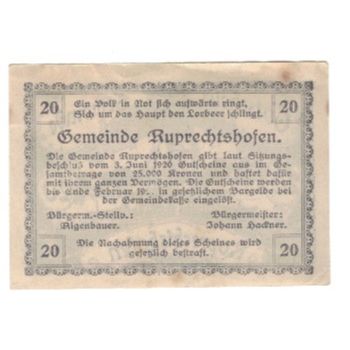 Geldschein, Österreich, Ruprechtshofen, 20 Heller, Texte, 1920, 1920-06-03, VZ