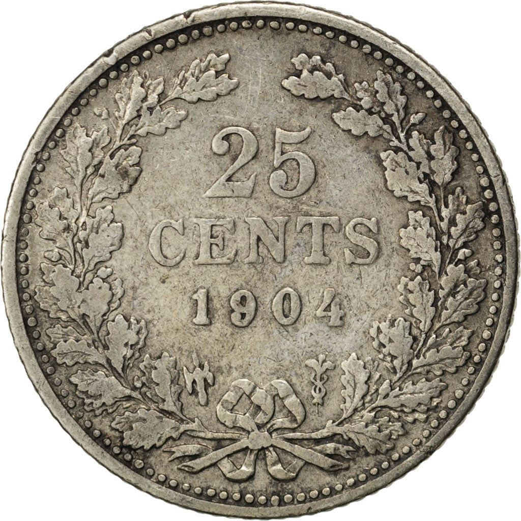 Netherlands, Wilhelmina I, 25 Cents, 1904, Silver, EF(40-45), KM:120.2