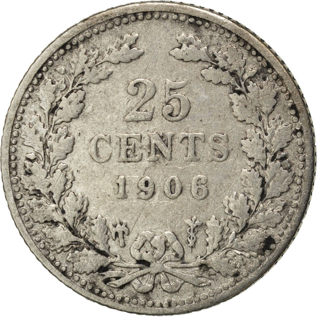 Netherlands, Wilhelmina I, 25 Cents, 1906, Silver, VF(20-25), KM:120.2