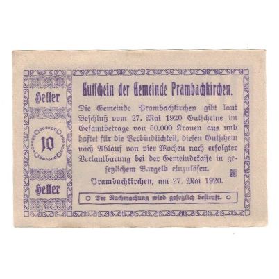 Geldschein, Österreich, Prambachkirchen O.Ö. Gemeinde, 10 Heller, Texte, 1920