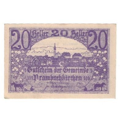 Geldschein, Österreich, Prambachkirchen O.Ö. Gemeinde, 20 Heller, Texte, 1920