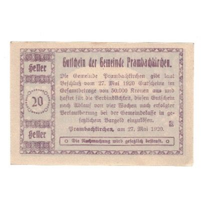 Geldschein, Österreich, Prambachkirchen O.Ö. Gemeinde, 20 Heller, Texte, 1920