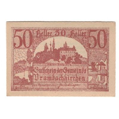 Geldschein, Österreich, Prambachkirchen O.Ö. Gemeinde, 50 Heller, Texte, 1920