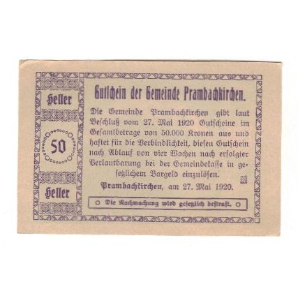 Geldschein, Österreich, Prambachkirchen O.Ö. Gemeinde, 50 Heller, Texte, 1920