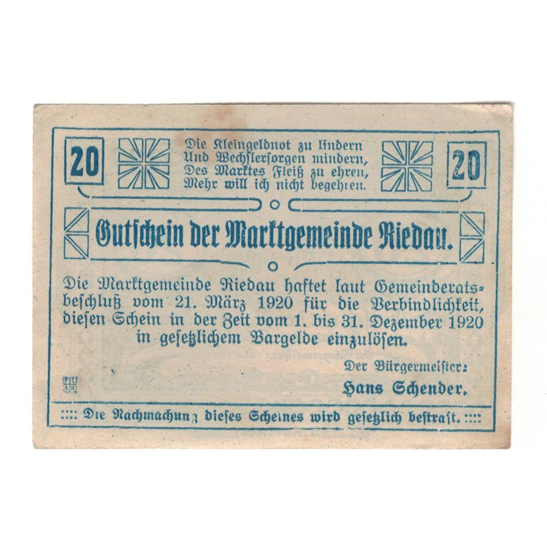 Geldschein, Österreich, Riedau O.Ö. Marktgemeinde, 20 Heller, valeur faciale