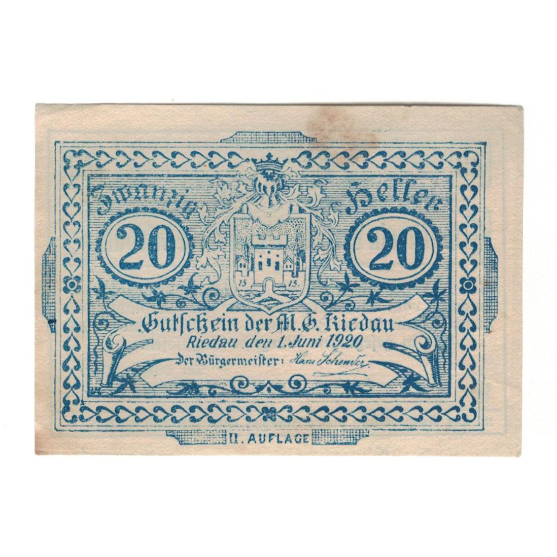 Geldschein, Österreich, Riedau O.Ö. Marktgemeinde, 20 Heller, valeur faciale