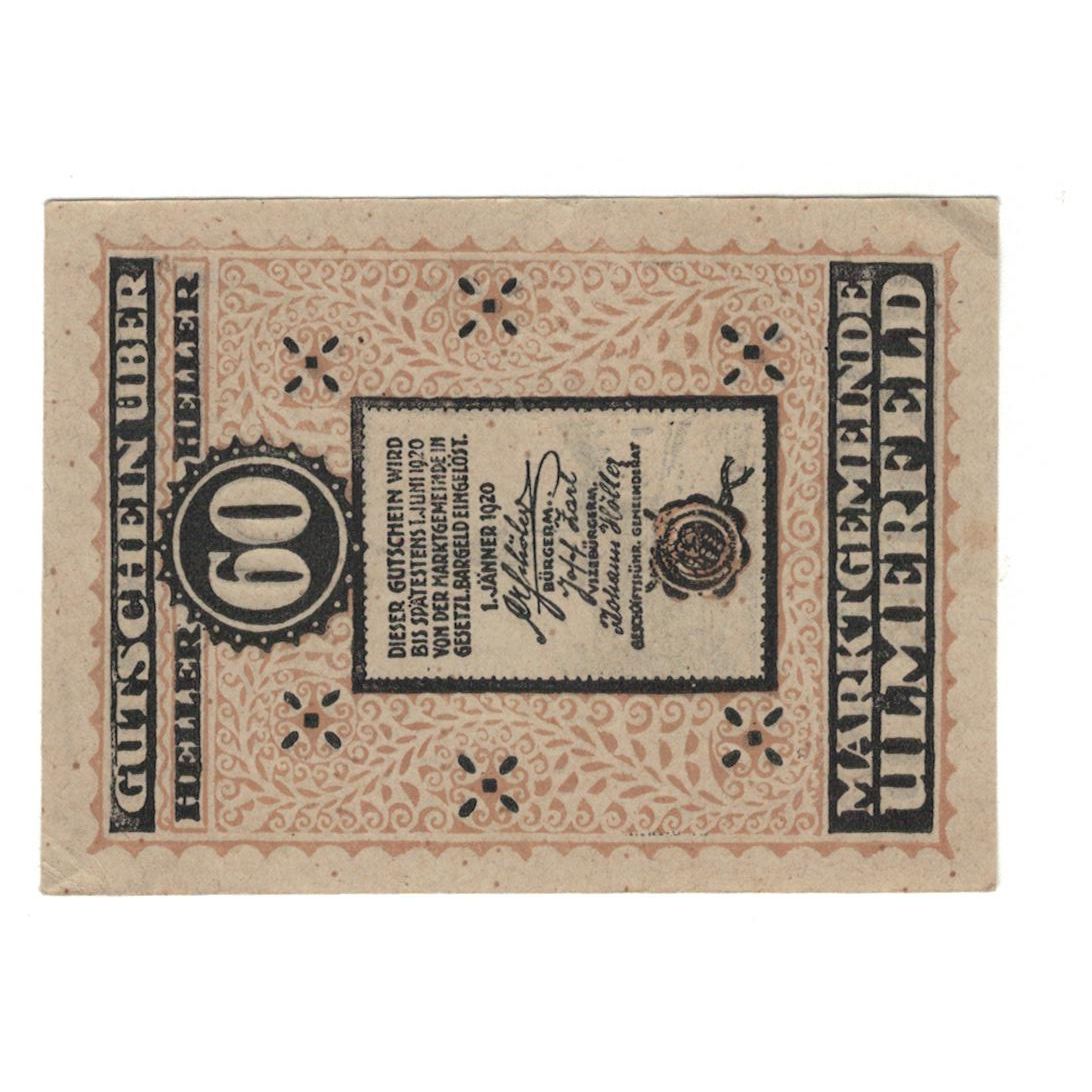 Geldschein, Österreich, Ulmerfeld N.Ö. Marktgemeinde, 60 Heller, Texte, 1920