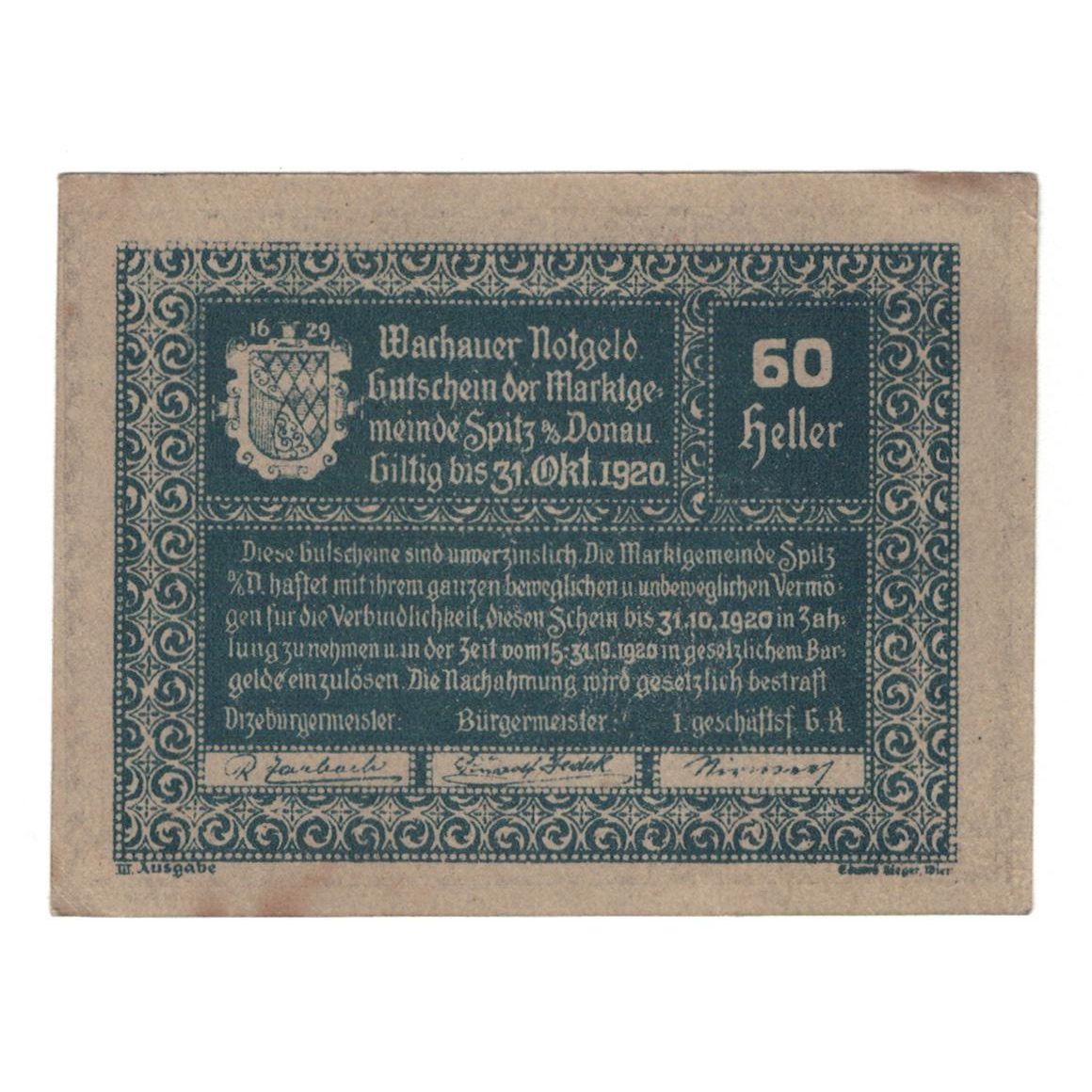 Geldschein, Österreich, Wachauer Notgeld N.Ö. Gemeinden, 60 Heller, Texte