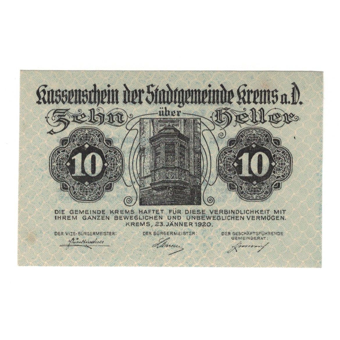 Geldschein, Österreich, Krems N.Ö. Stadtgemeinde, 10 Heller, Texte, 1920