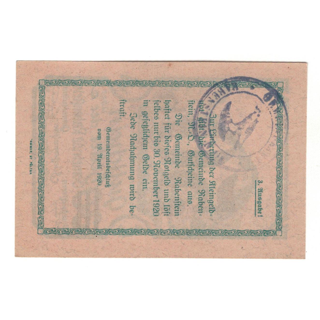 Geldschein, Österreich, Rabenstein N.Ö. Gemeinde, 50 Heller, Texte, 1920
