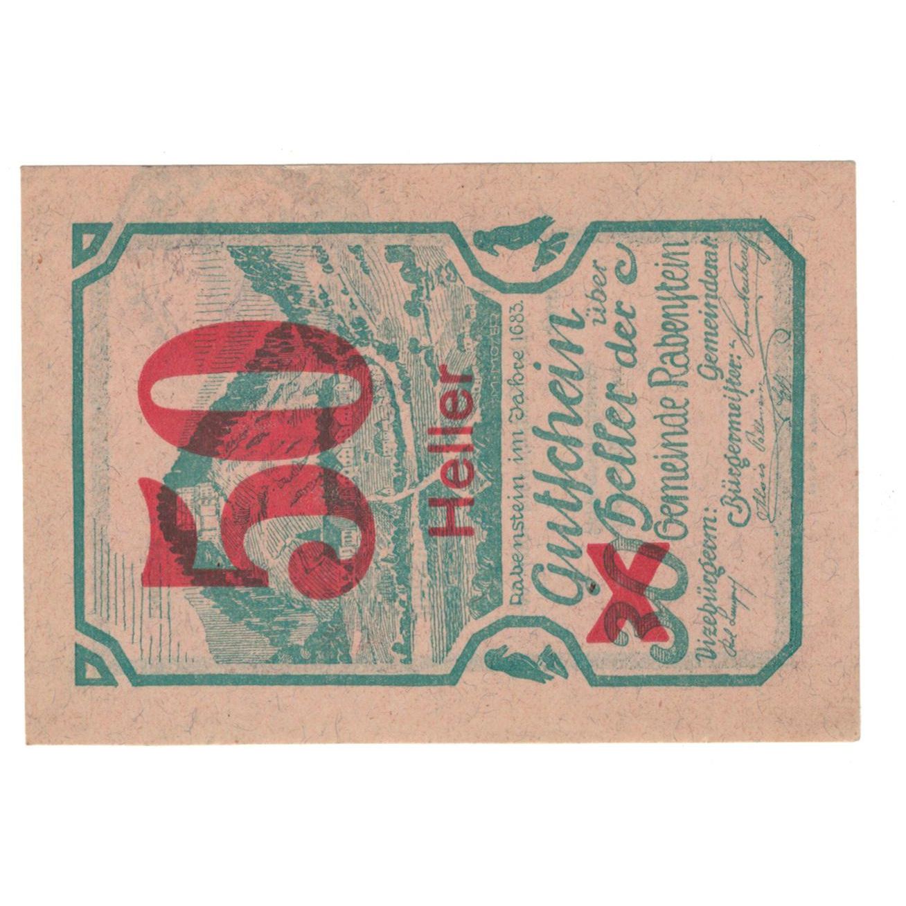 Geldschein, Österreich, Rabenstein N.Ö. Gemeinde, 50 Heller, texte 1, 1920