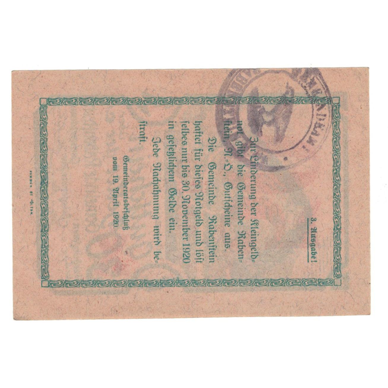 Geldschein, Österreich, Rabenstein N.Ö. Gemeinde, 50 Heller, texte 1, 1920