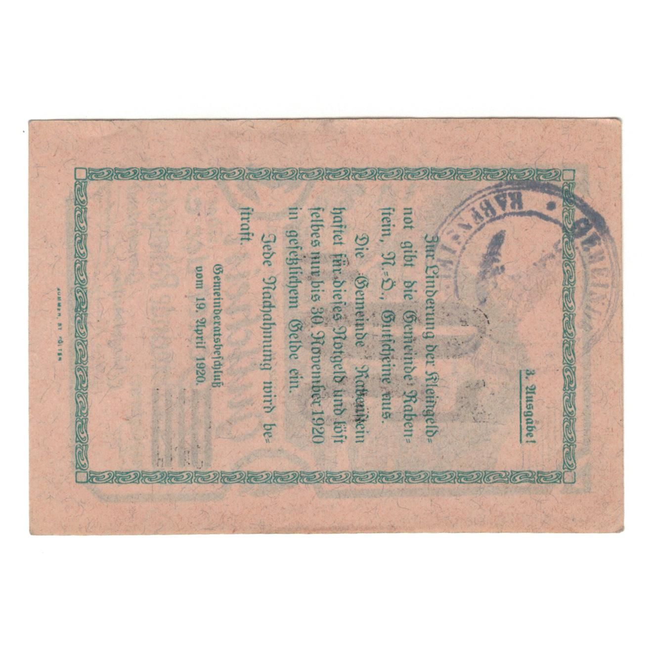 Geldschein, Österreich, Rabenstein N.Ö. Gemeinde, 50 Heller, Texte 2, 1920