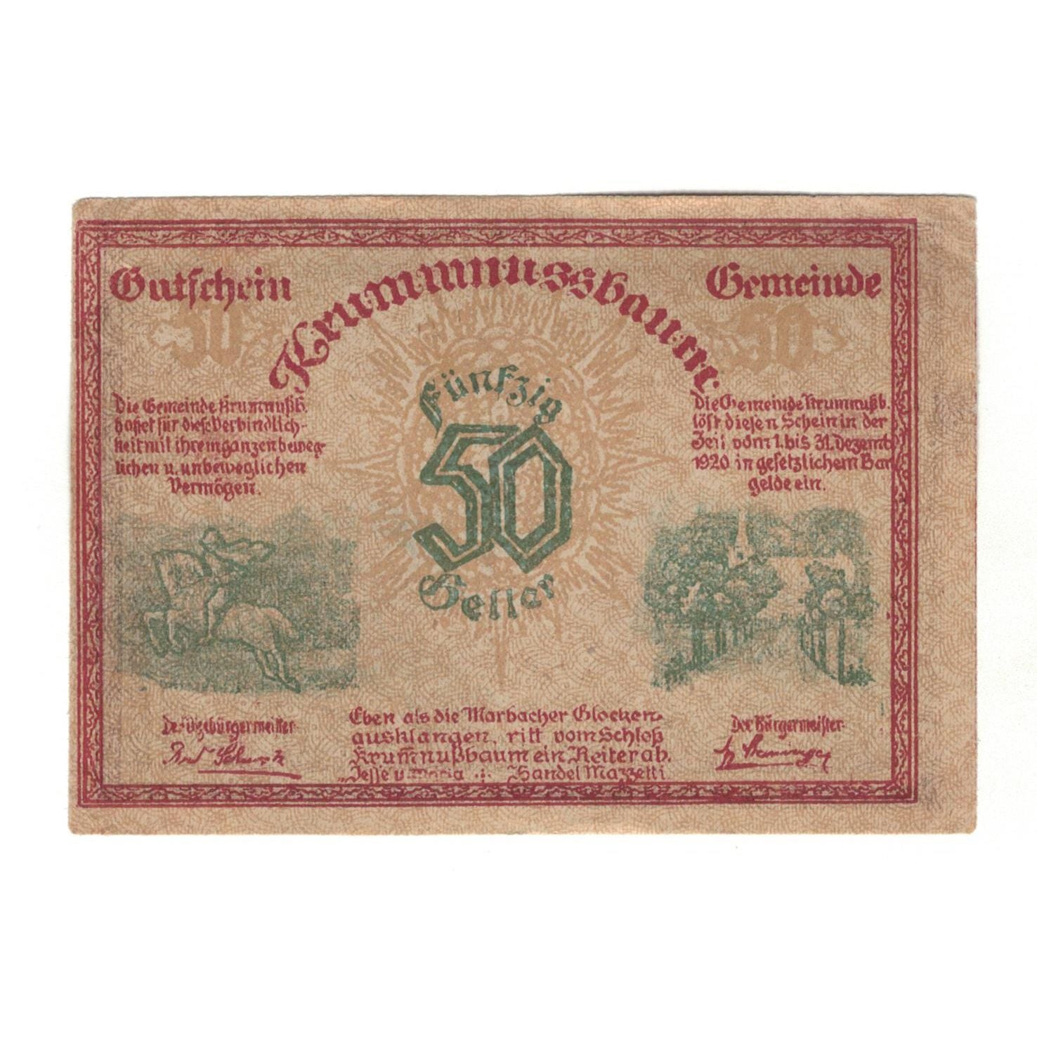 Geldschein, Österreich, Krumnussbaum N.Ö. Gemeinde, 50 Heller, paysage, 1920