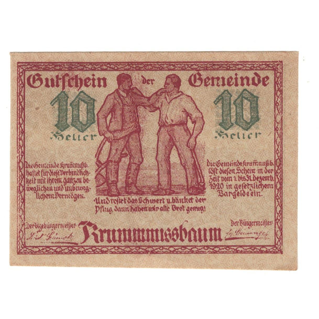 Geldschein, Österreich, Krumnussbaum N.Ö. Gemeinde, 10 Heller, paysage, 1920