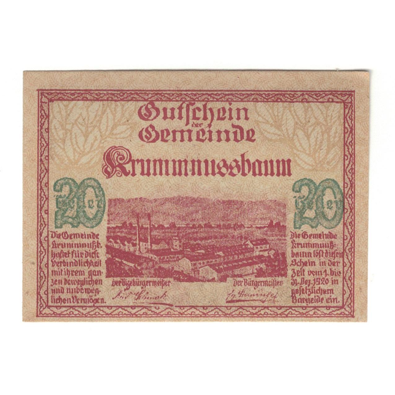 Geldschein, Österreich, Krumnussbaum N.Ö. Gemeinde, 20 Heller, paysage, 1920