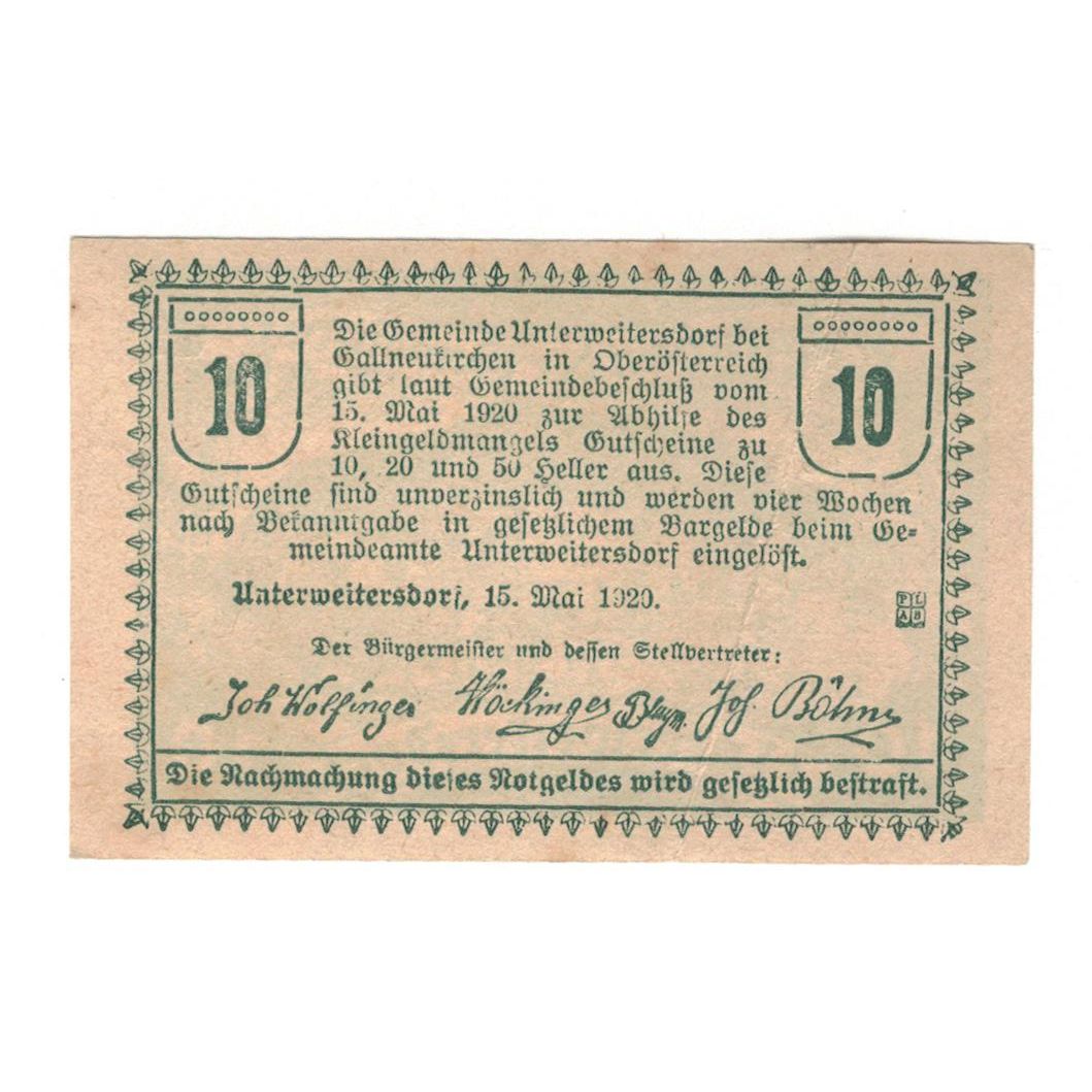 Geldschein, Österreich, Unterweitersdorf O.Ö. Gemeinde, 10 Heller, Texte
