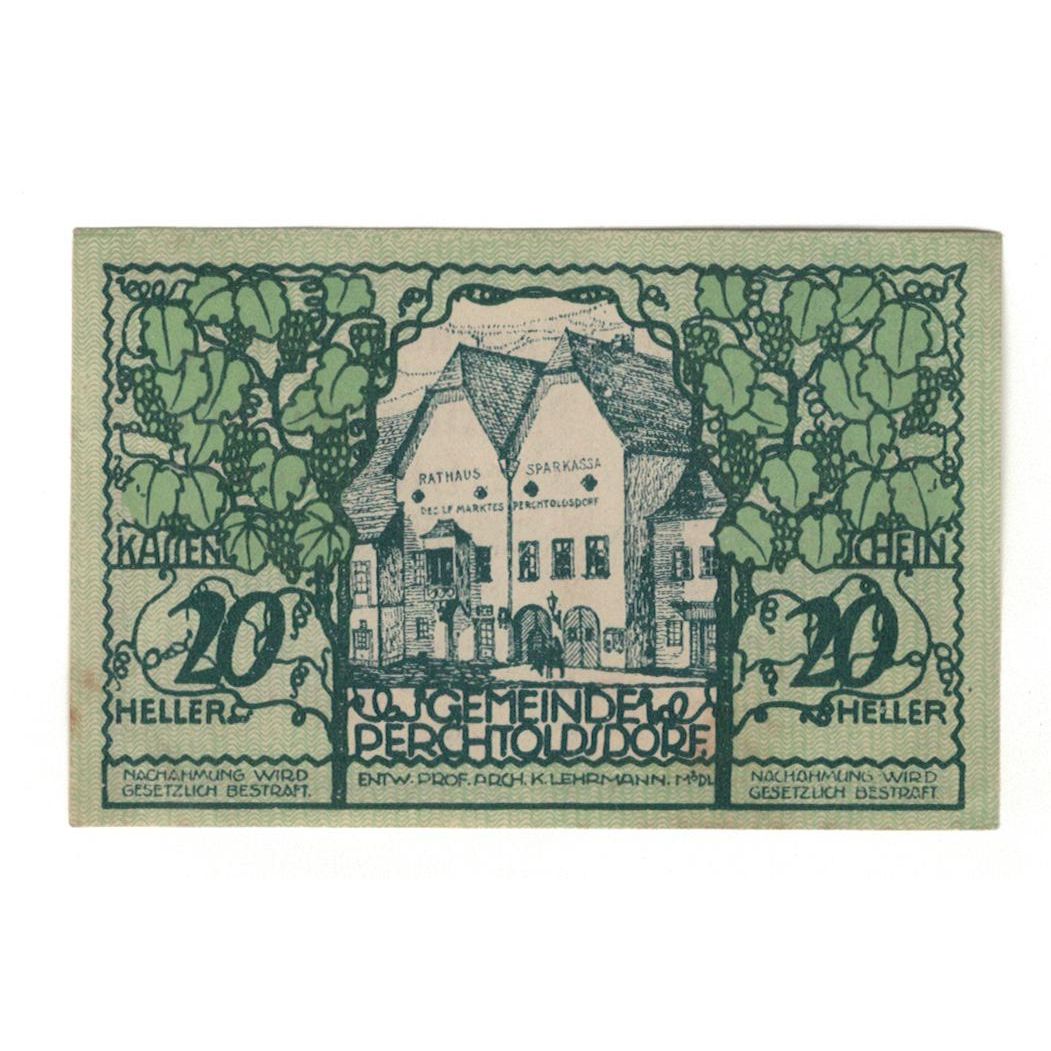 Geldschein, Österreich, Perchtoldsdorf N.Ö. Gemeinde, 20 Heller, Texte, 1920