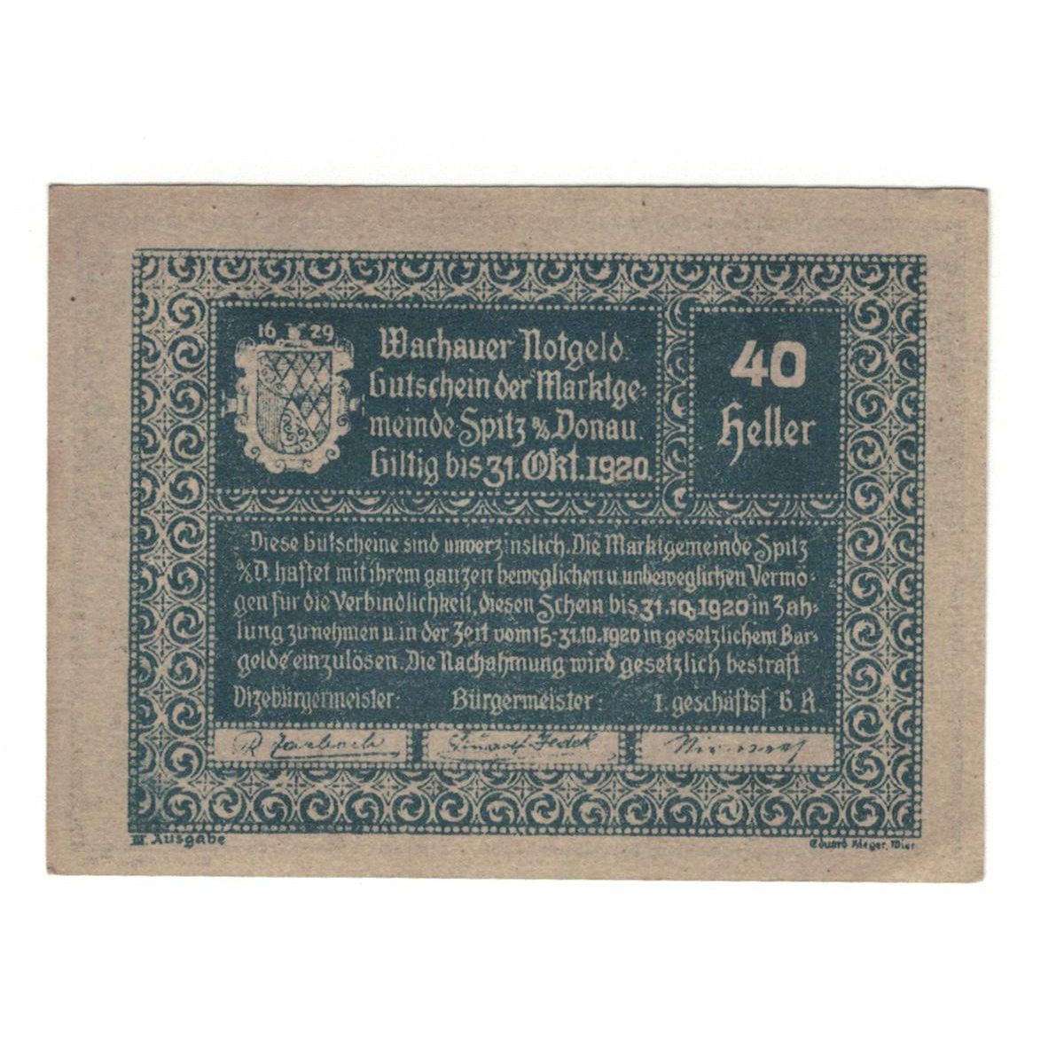 Geldschein, Österreich, Wachauer Notgeld - Spitz - Kirche N.Ö. Gemeinde, 40