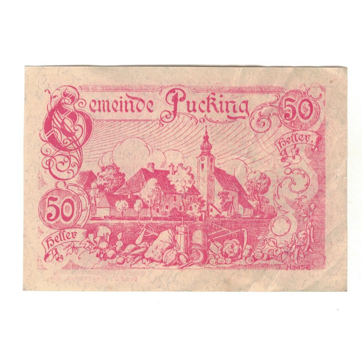 Geldschein, Österreich, Pucking O.Ö. Gemeinde, 50 Heller, paysage, 1920