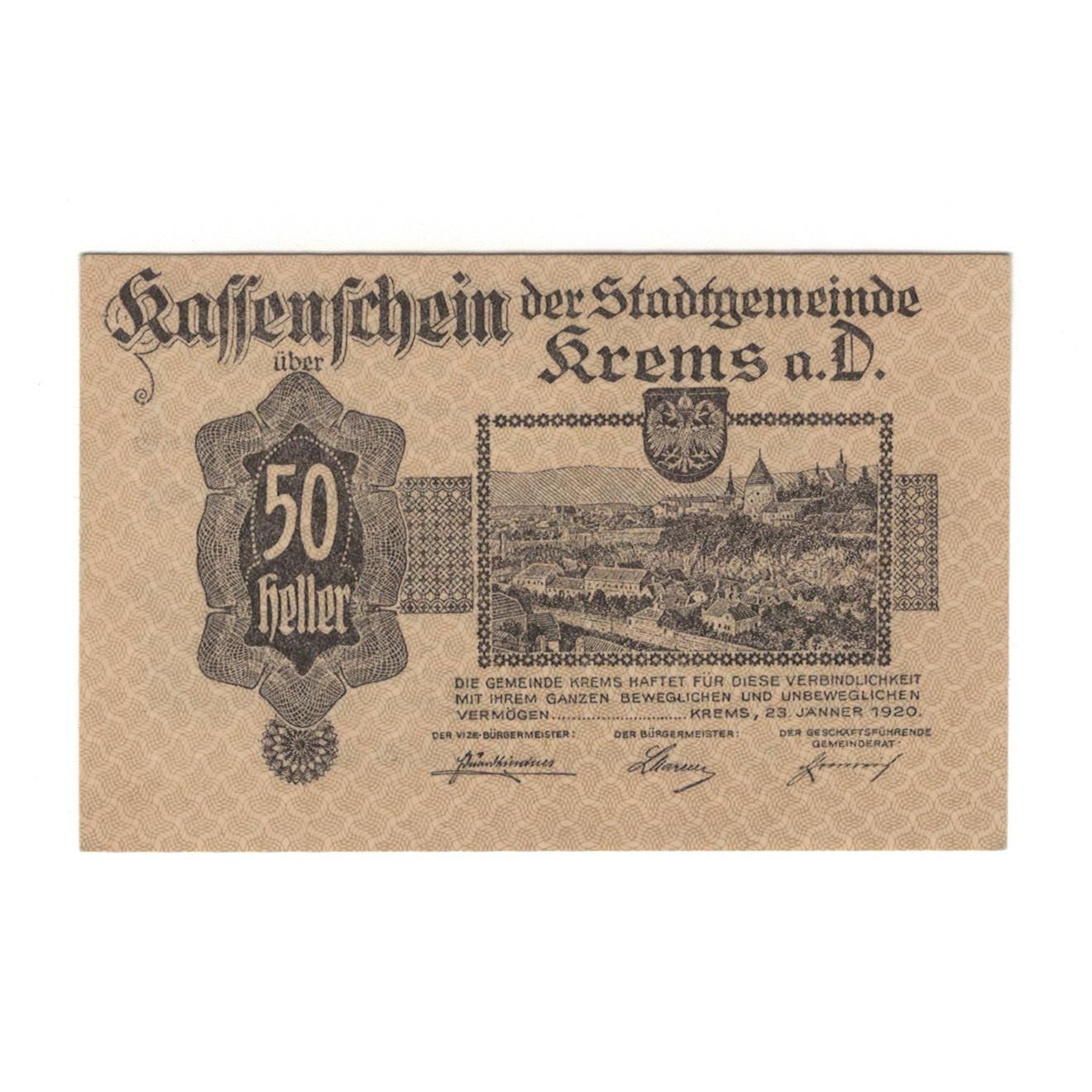 Geldschein, Österreich, Krems N.Ö. Stadtgemeinde, 50 Heller, Texte, 1920