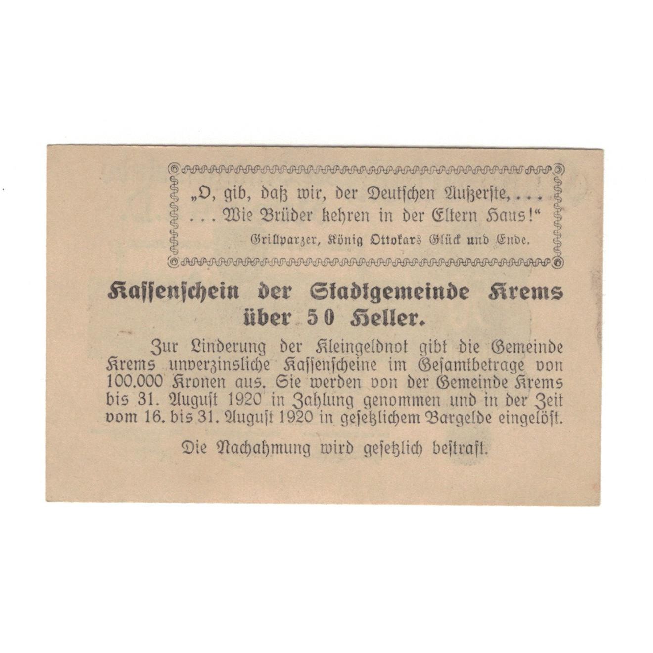 Geldschein, Österreich, Krems N.Ö. Stadtgemeinde, 50 Heller, Texte, 1920