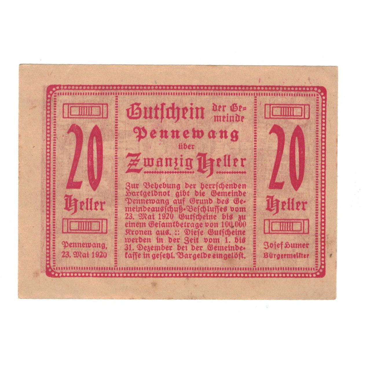 Geldschein, Österreich, Pennewang O.Ö. Gemeinde, 20 Heller, paysage, 1920