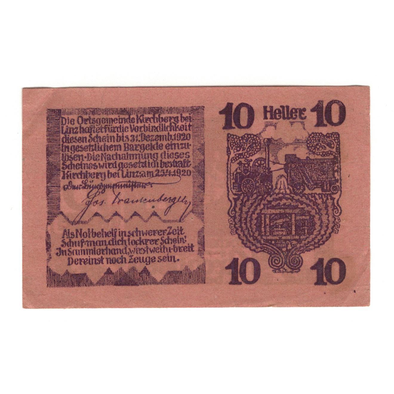 Geldschein, Österreich, Kirchberg bei Linz O.Ö. Gemeinde, 10 Heller, Blason