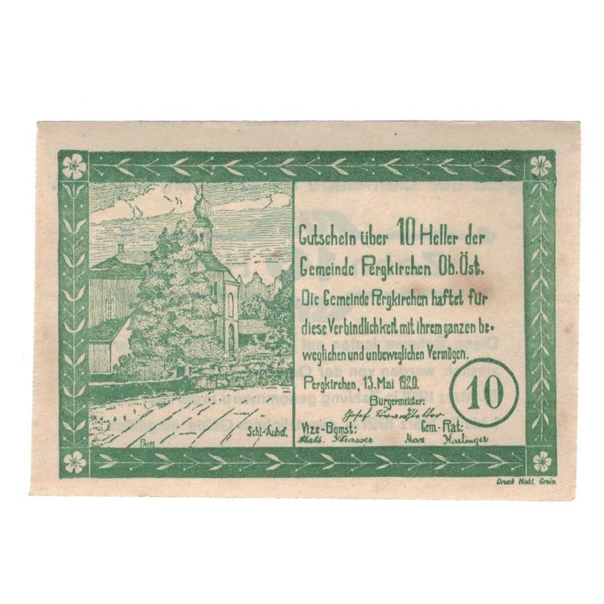 Geldschein, Österreich, Pergkirchen O.Ö. Gemeinde, 10 Heller, Texte, 1920