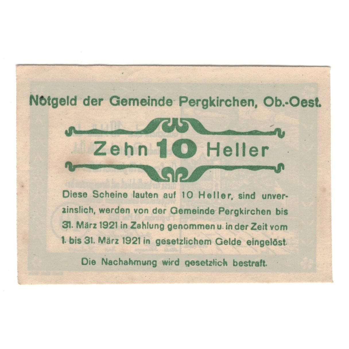 Geldschein, Österreich, Pergkirchen O.Ö. Gemeinde, 10 Heller, Texte, 1920