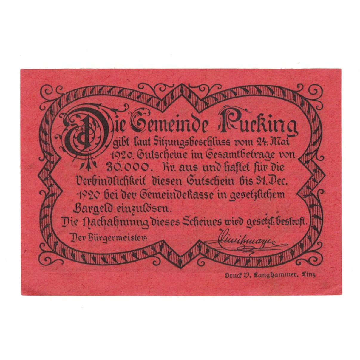 Geldschein, Österreich, Pucking O.Ö. Gemeinde, 20 Heller, paysage, 1920