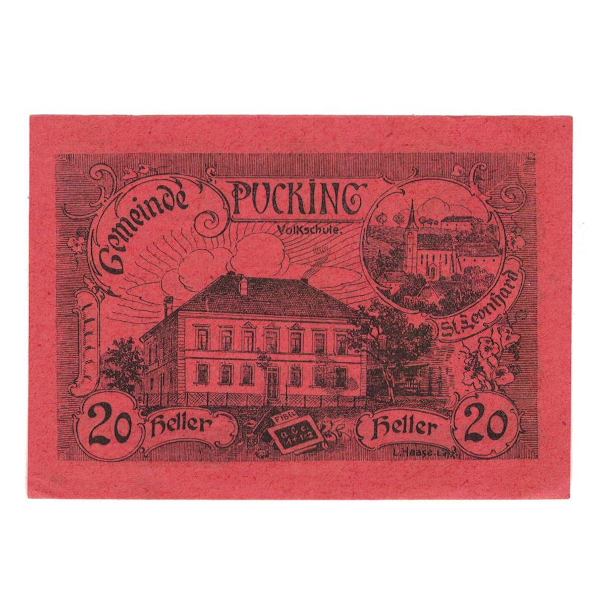 Geldschein, Österreich, Pucking O.Ö. Gemeinde, 20 Heller, paysage, 1920