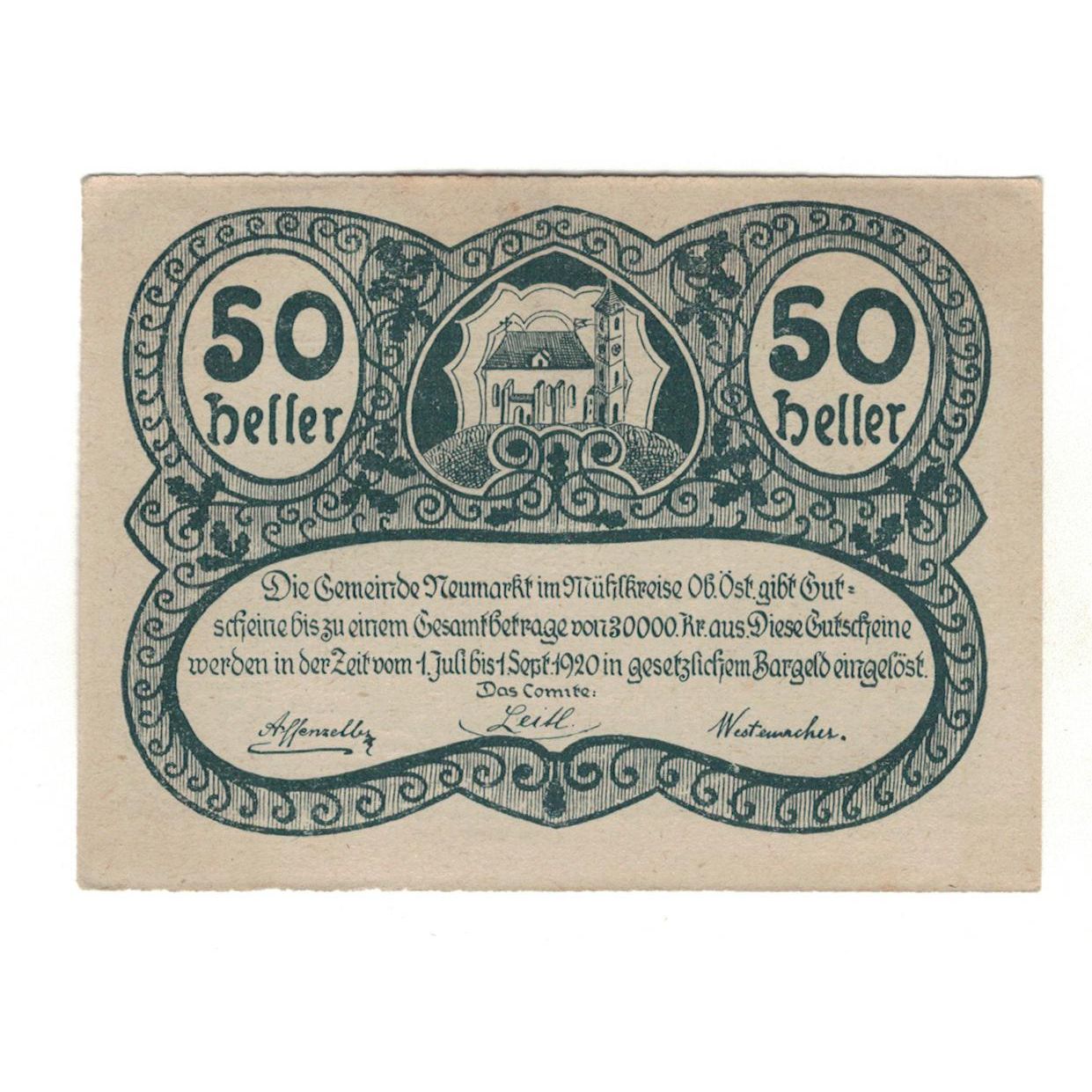 Banconote, Austria, Neumarkt im Mühlkreis O.Ö. Gemeinde, 50 Heller, Texte