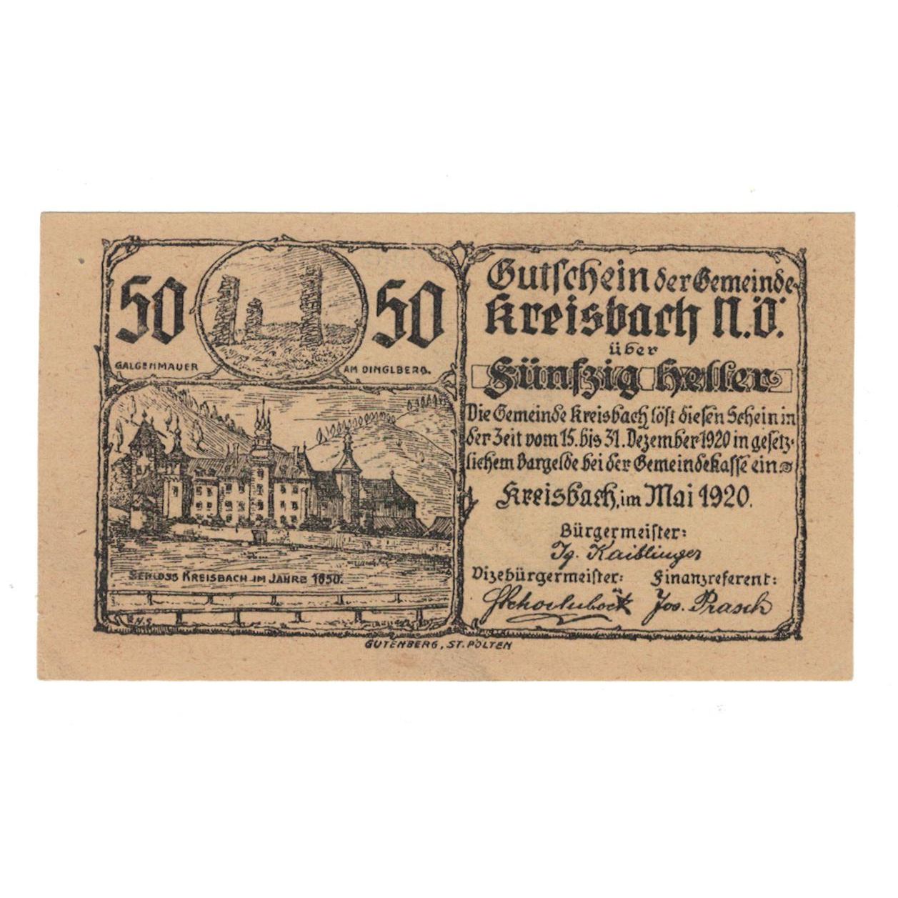 Geldschein, Österreich, Kreisbach, 50 Heller, Blason, 1920, 1920-12-31, VZ
