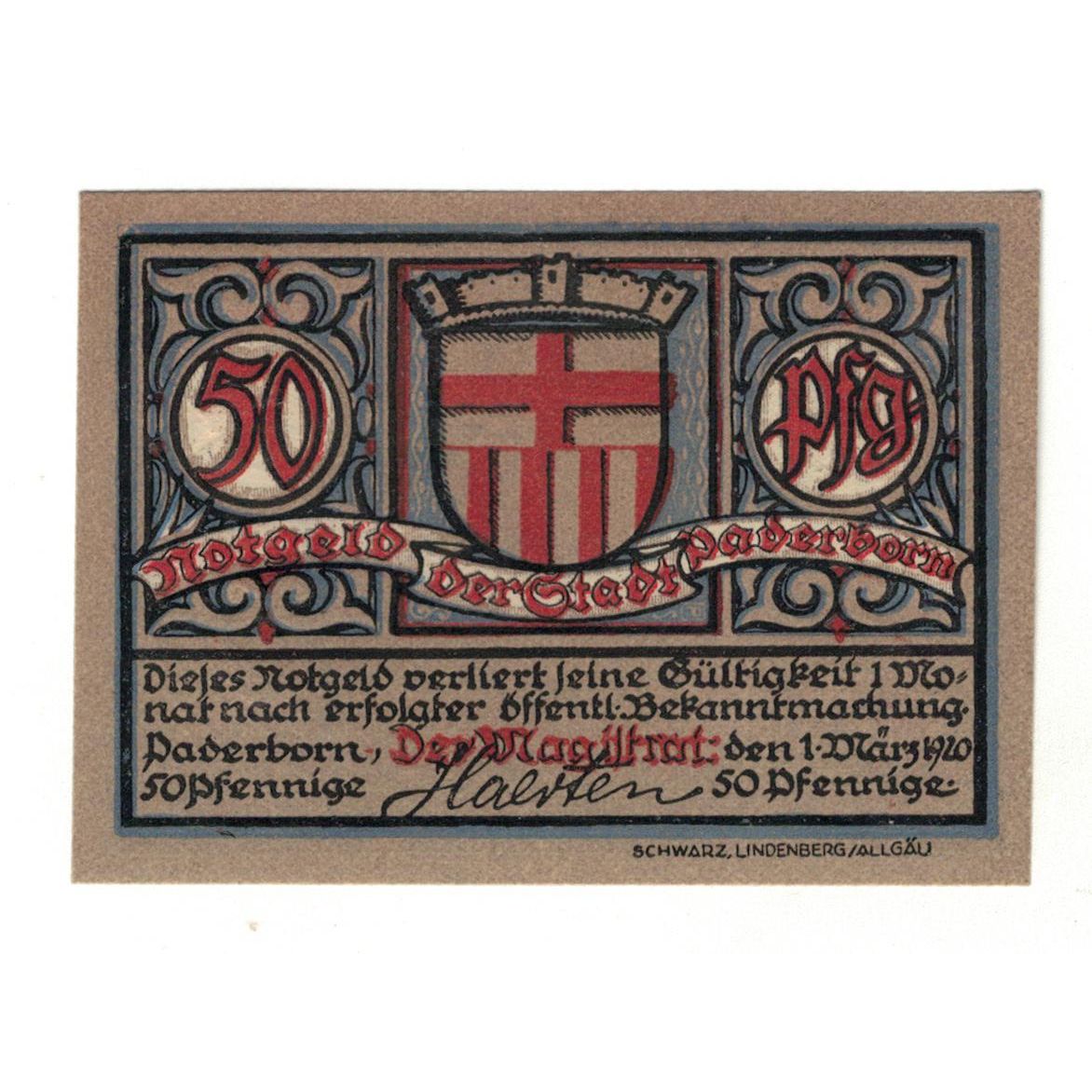 Banknote, Germany, Paderborn Stadt, 50 Pfennig, château, 1920, 1920-03-01