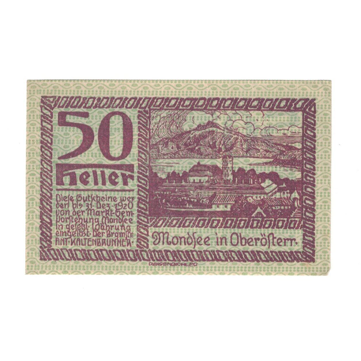 Geldschein, Österreich, Mondsee O.Ö. Marktgemeinde, 50 Heller, Blason, 1920