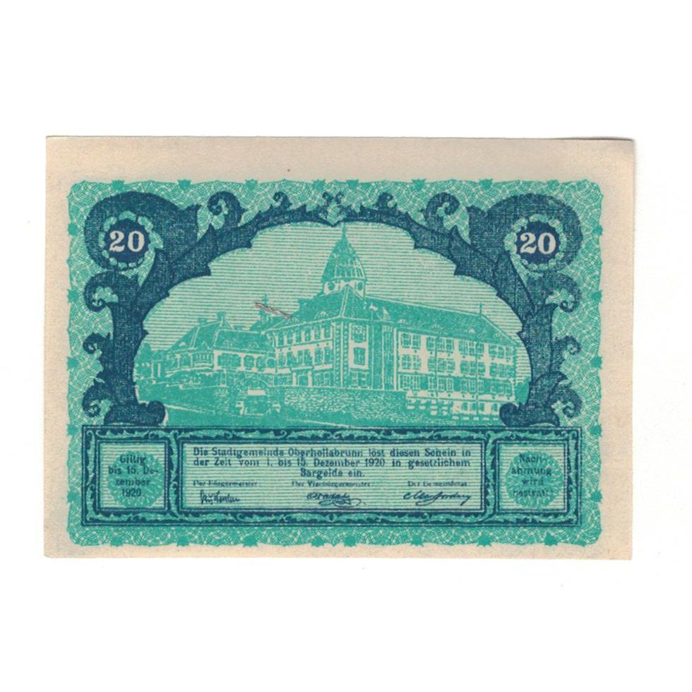 Geldschein, Österreich, Oberhollabrunn N.Ö. Gemeinde, 20 Heller, Monument