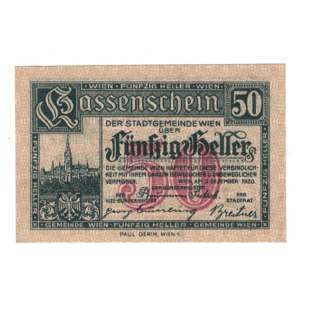 Geldschein, Österreich, Wien N.Ö. Stadtgemeinde, 50 Heller, Texte, 1920
