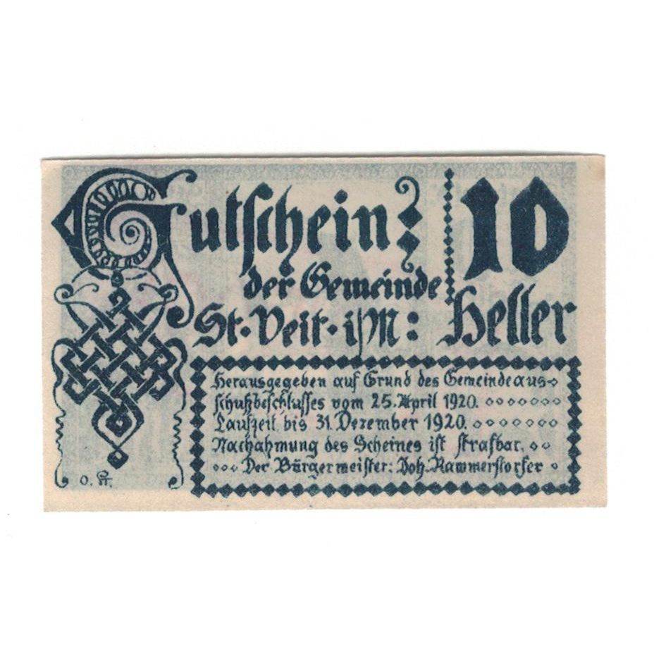 Billet, Autriche, St. Veit im Mühlkreis O.Ö. Gemeinde, 10 Heller, Batiment