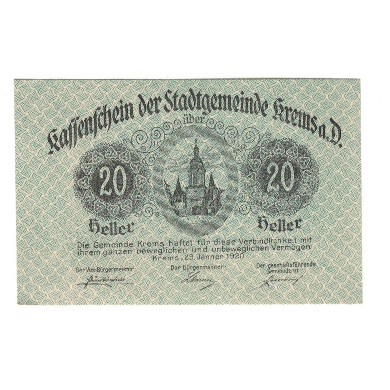 Geldschein, Österreich, Krems N.Ö. Stadtgemeinde, 20 Heller, Texte, 1920