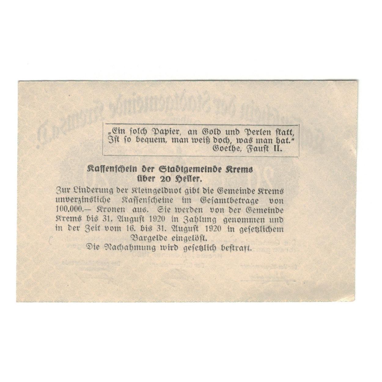 Geldschein, Österreich, Krems N.Ö. Stadtgemeinde, 20 Heller, Texte, 1920